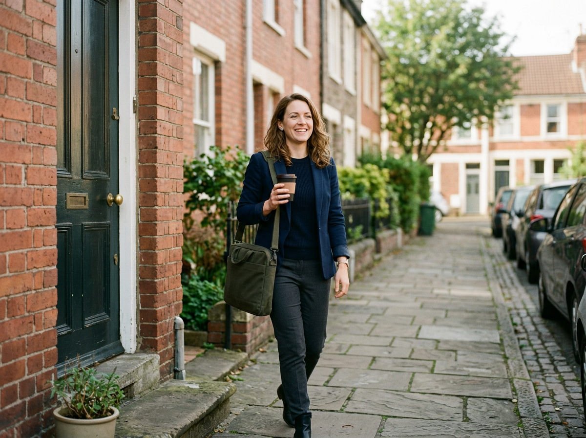 Woman leaving home for work with a coffee and laptop bag