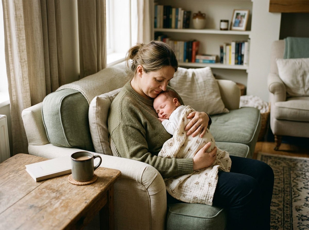 New mother on the sofa cradling her sleeping newborn