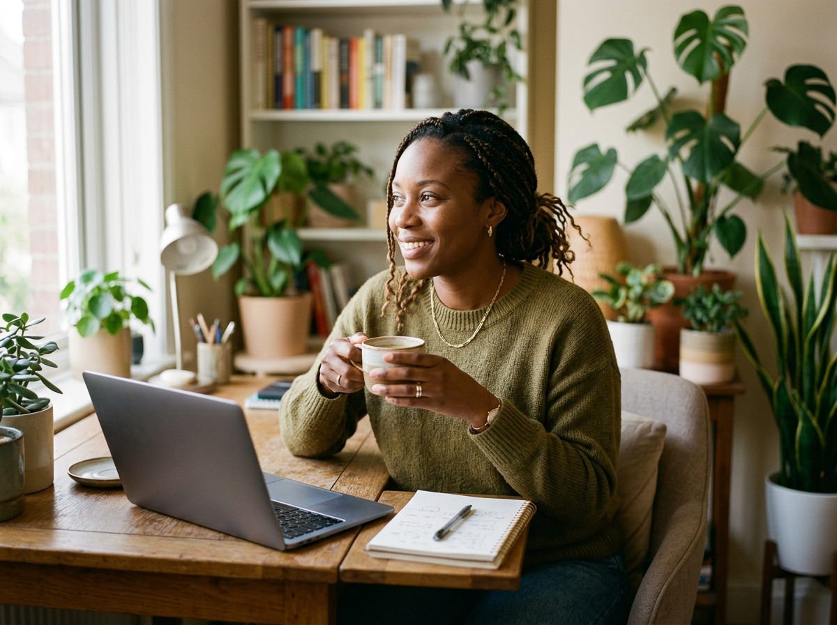 Woman with a coffee at her home-office desk