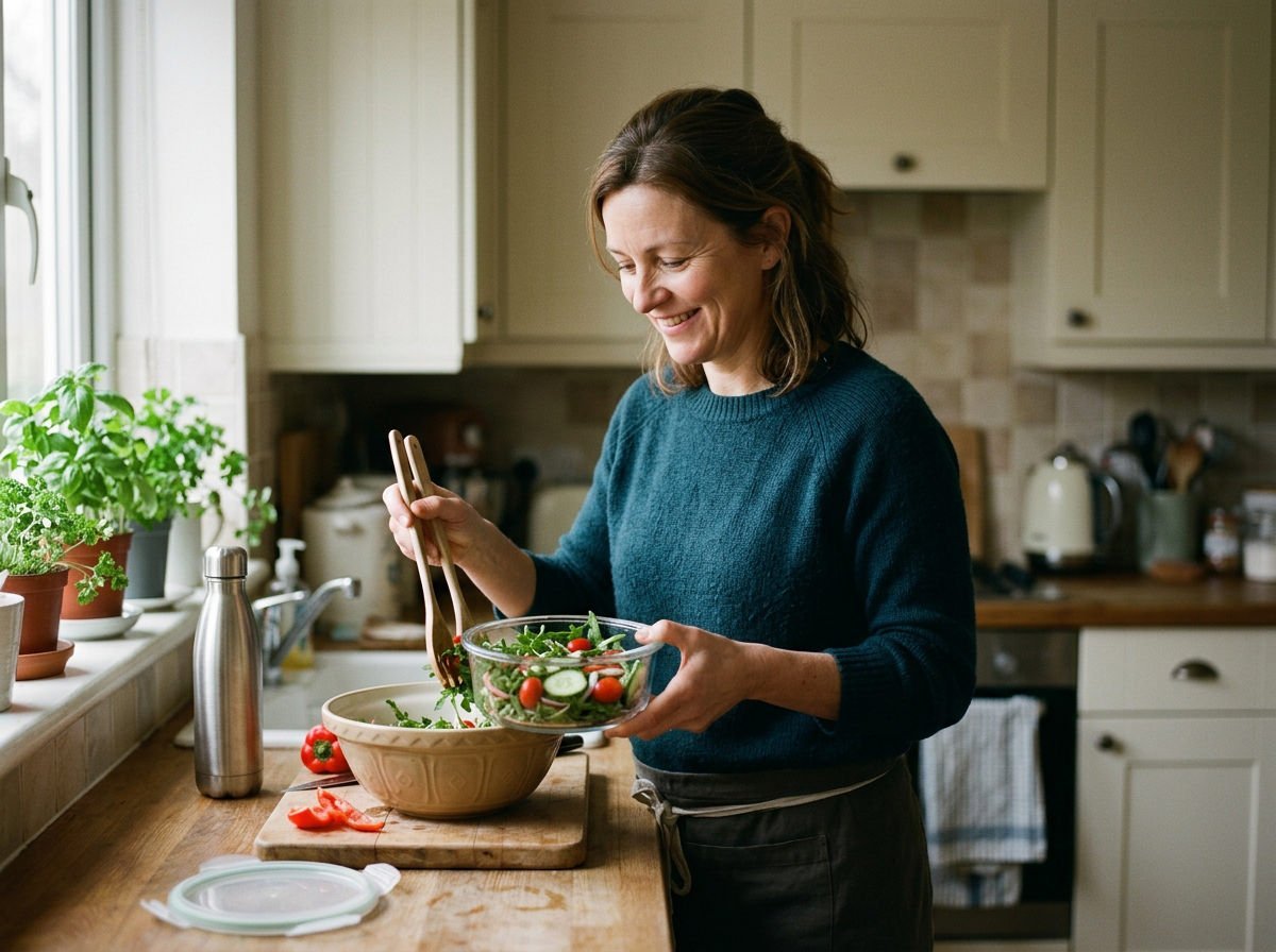 Woman packing a fresh salad lunch in her kitchen