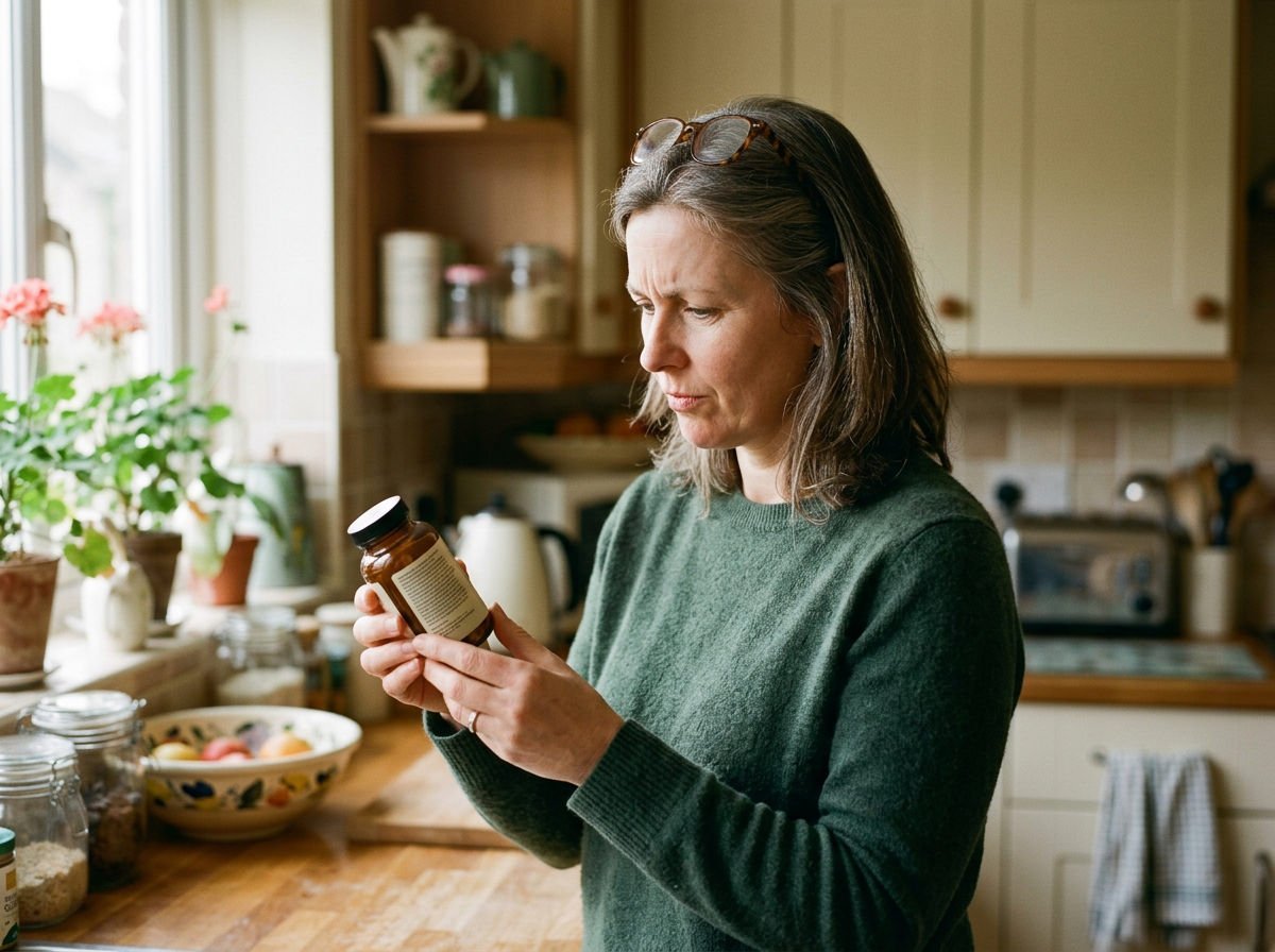 Woman reading the back label of a supplement bottle in her kitchen