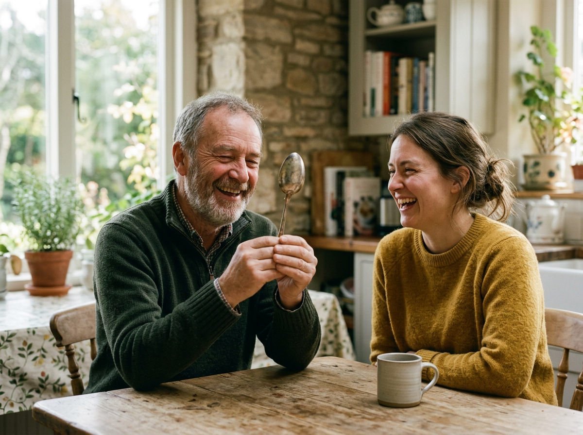 Father and adult daughter laughing at the kitchen table, he holds up an old tablespoon
