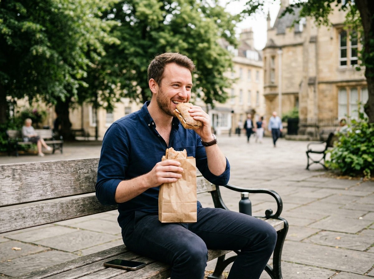 Man eating a sandwich on a bench during his lunch break