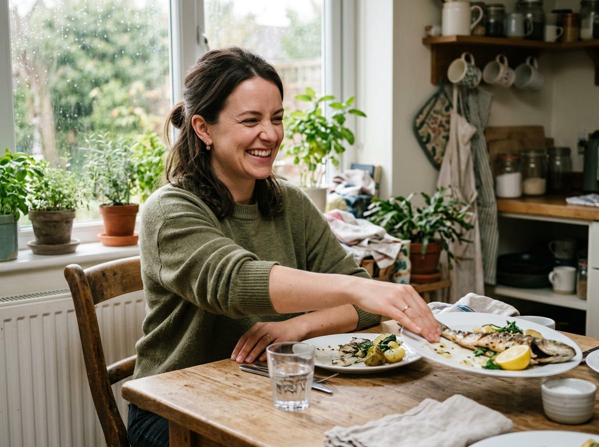Woman at a kitchen table playfully pushing away a plate of fish