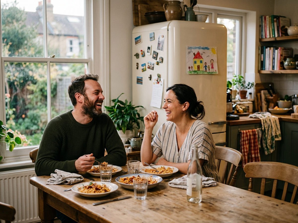 Parents laughing together over a pasta dinner at the family table