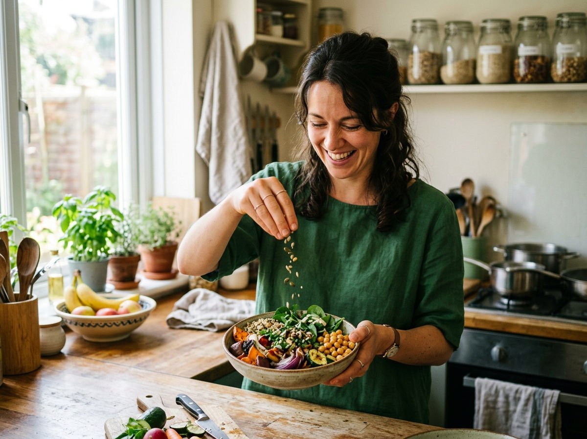 Woman sprinkling seeds over a colourful plant-based bowl