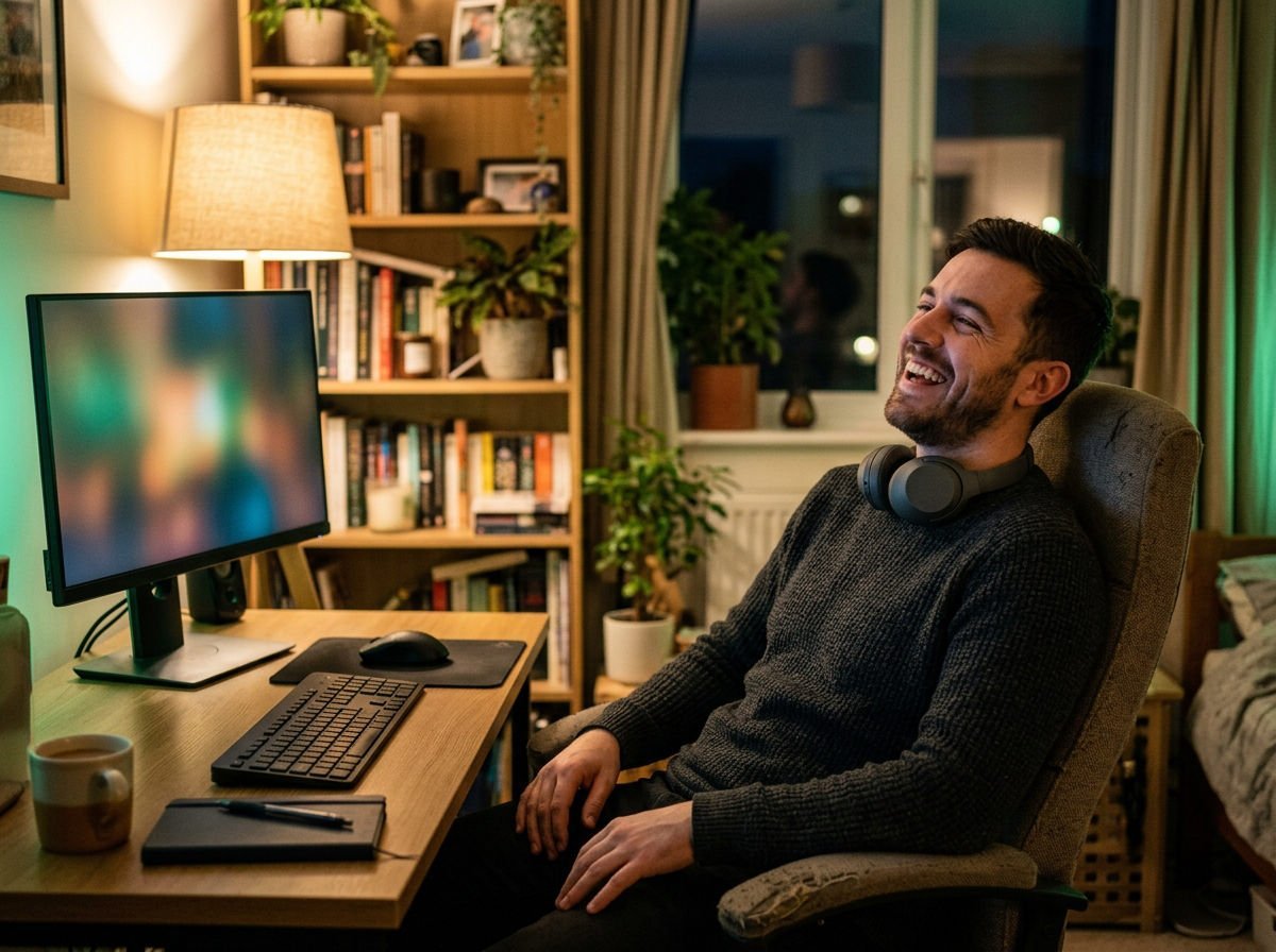 Man laughing at his desk with a headset around his neck