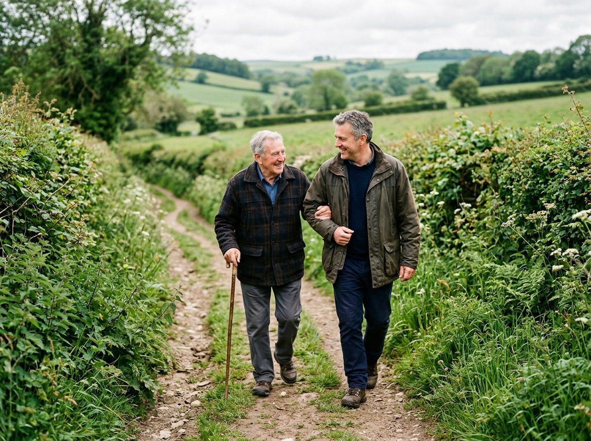 Man walking with his elderly father along a countryside path