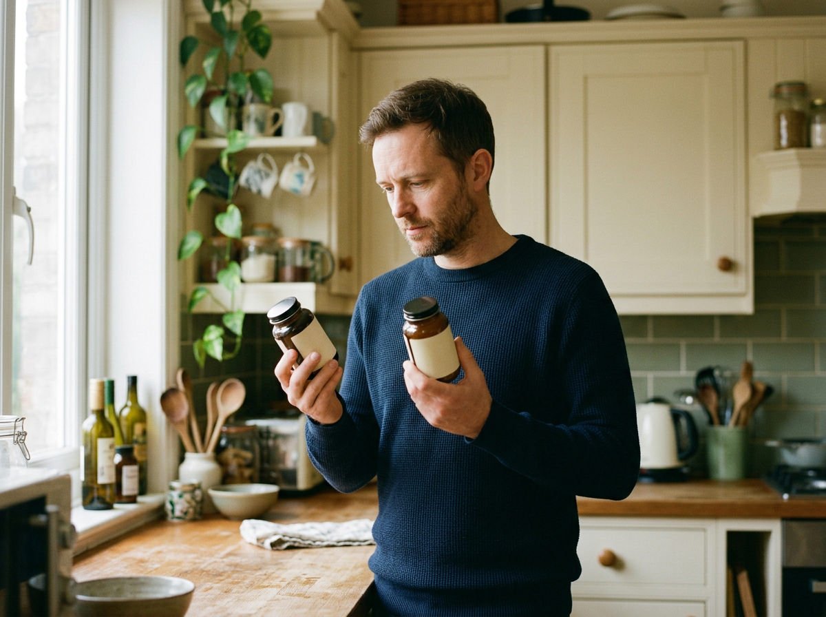 Man comparing the labels of two supplement jars in his kitchen