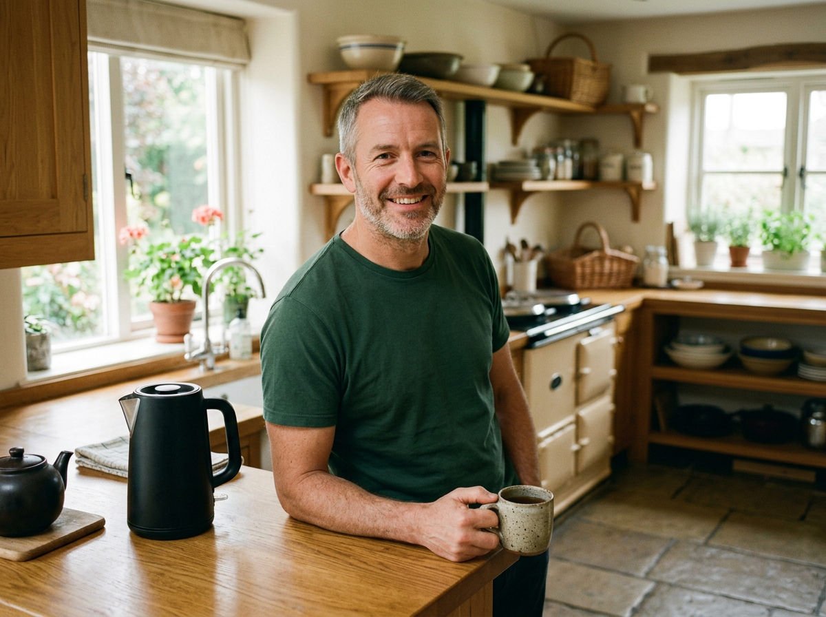 Man in his late forties smiling beside the kettle with a mug of tea