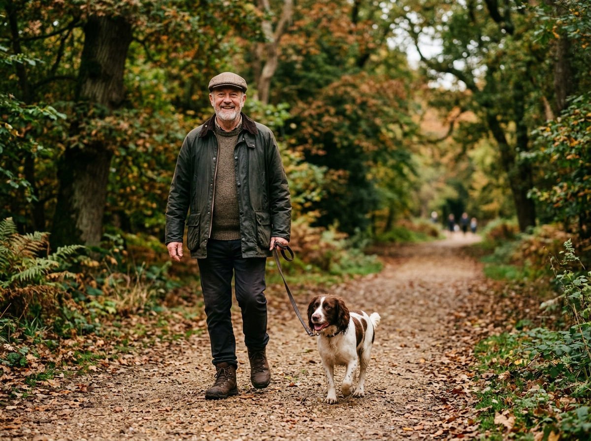 Retired man walking his spaniel on a leafy park path
