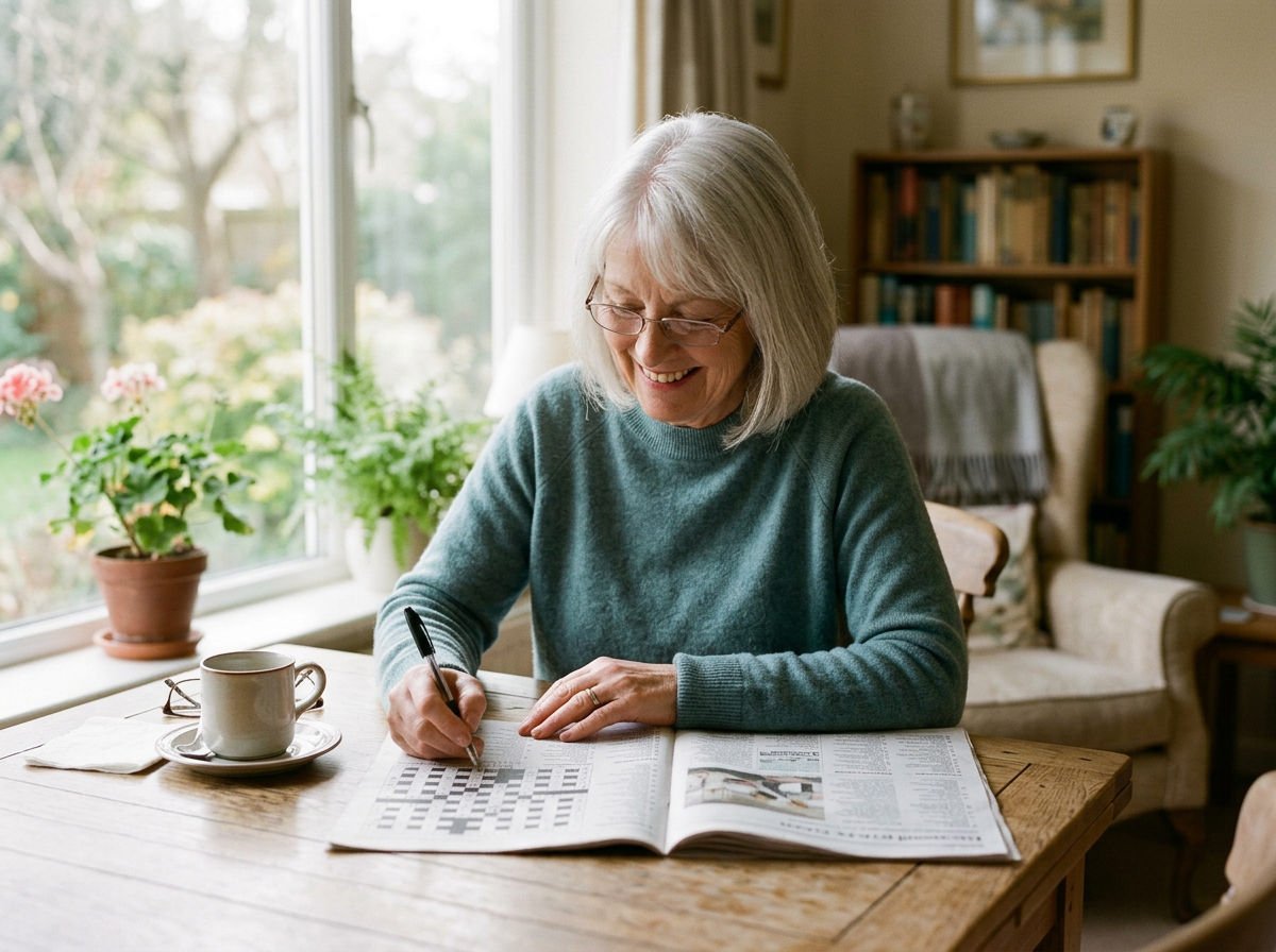 Woman in her seventies doing a newspaper crossword with a pen
