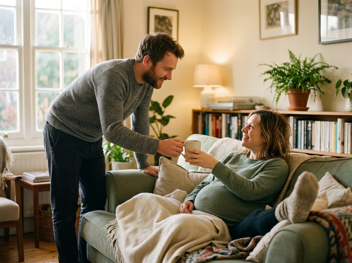 Man handing a mug of tea to his pregnant partner on the sofa
