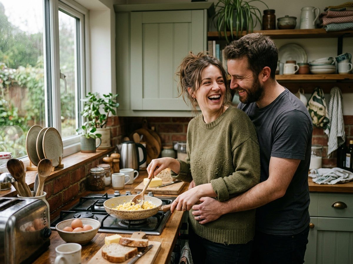 Couple in their thirties laughing as they cook breakfast together