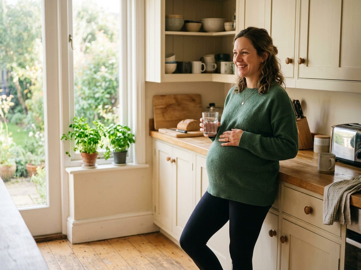 Pregnant woman smiling in her kitchen with a glass of water