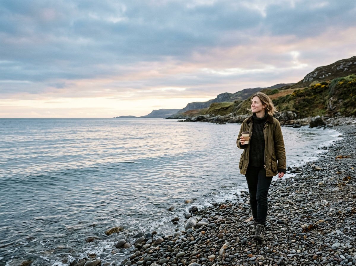 Woman walking along a clean, wild coastline at dawn