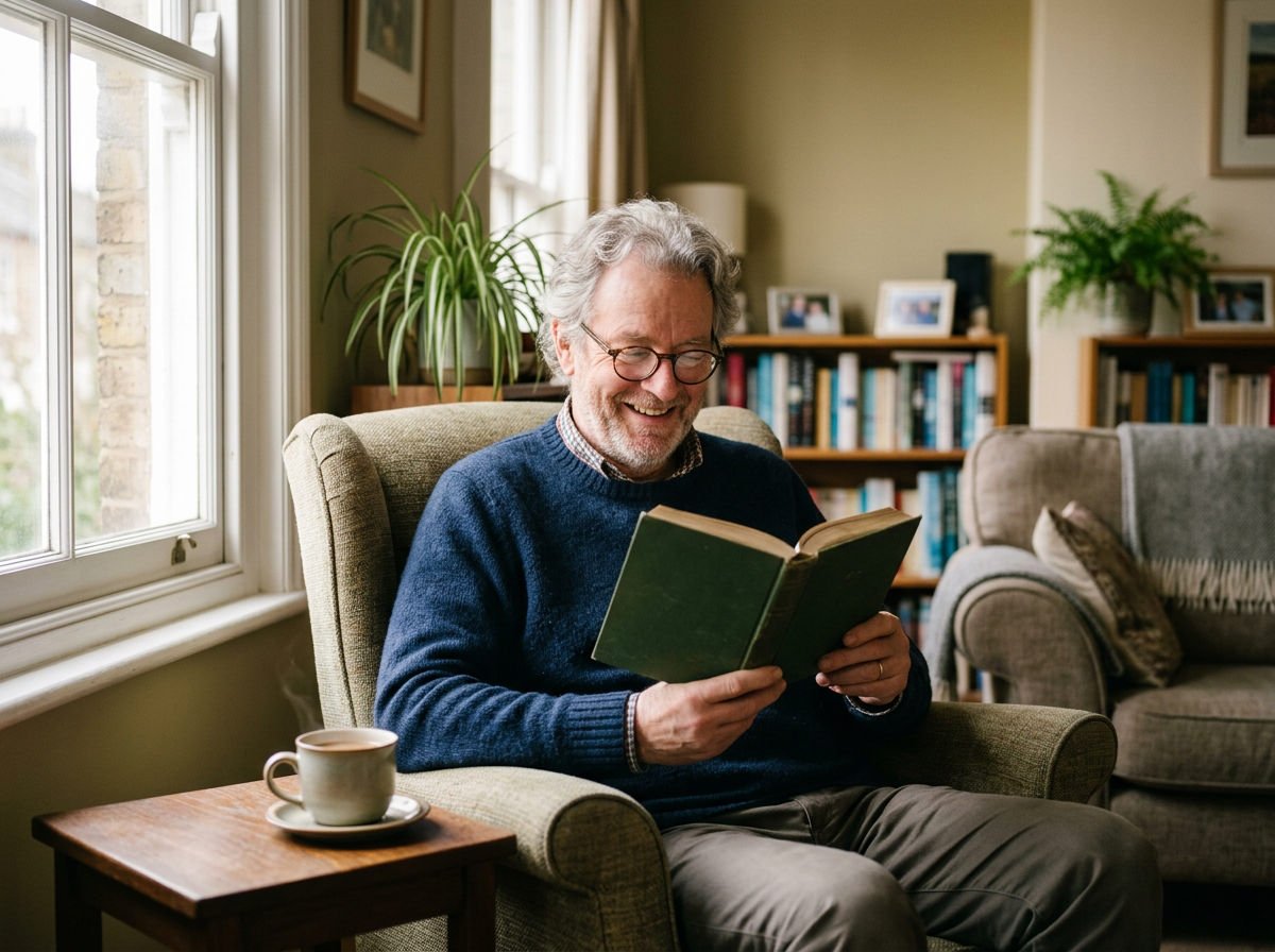 Man in his sixties reading a book in an armchair