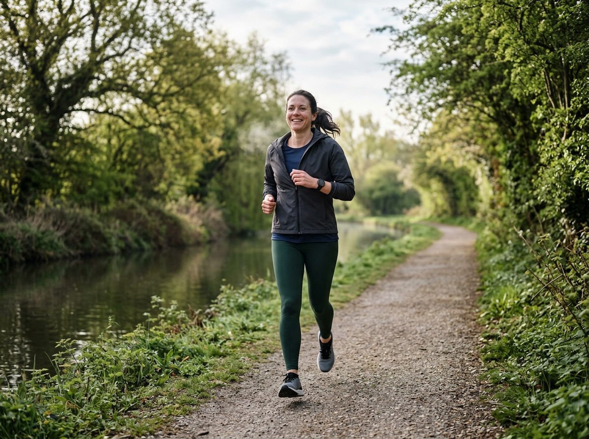 Woman jogging along a canal towpath in the morning