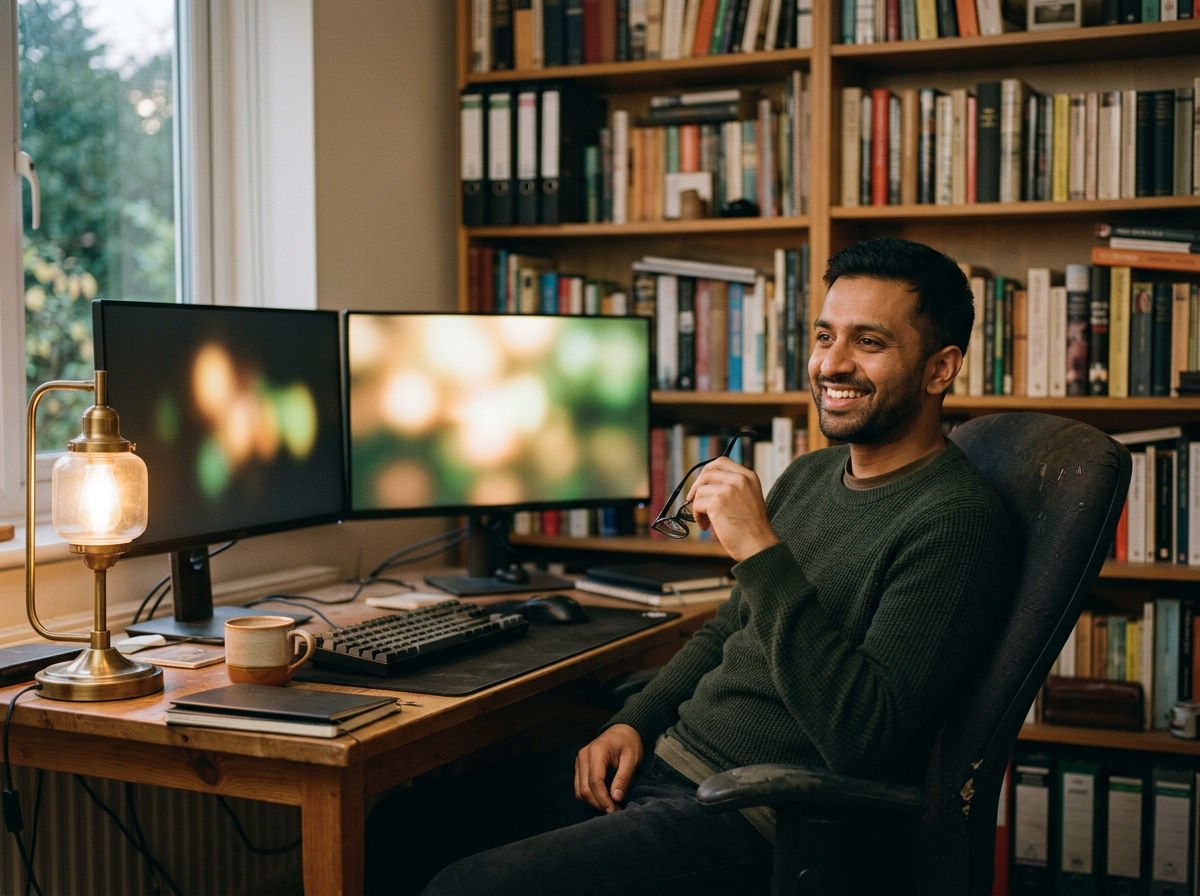 Man taking a break from his computer screens in the evening