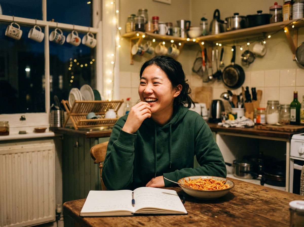 University student laughing at the kitchen table with a bowl of pasta
