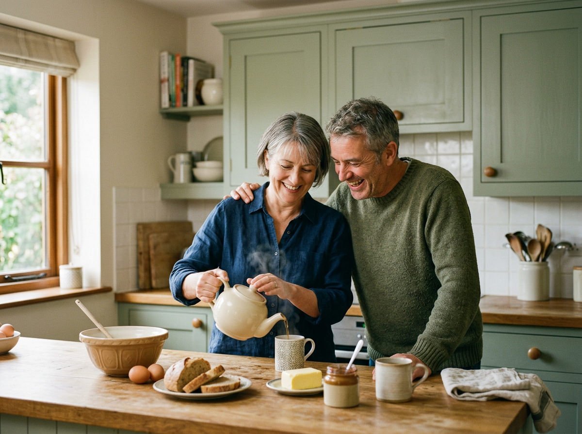 Couple in their fifties laughing as they make tea together