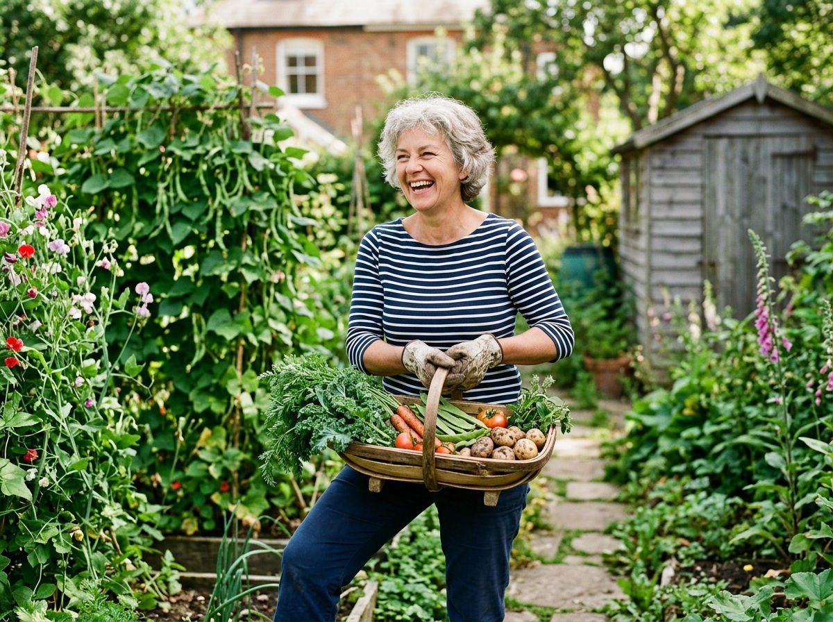 Woman in her fifties laughing in her vegetable garden