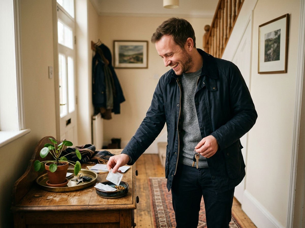 Man grabbing a supplement sachet from a dish by the front door