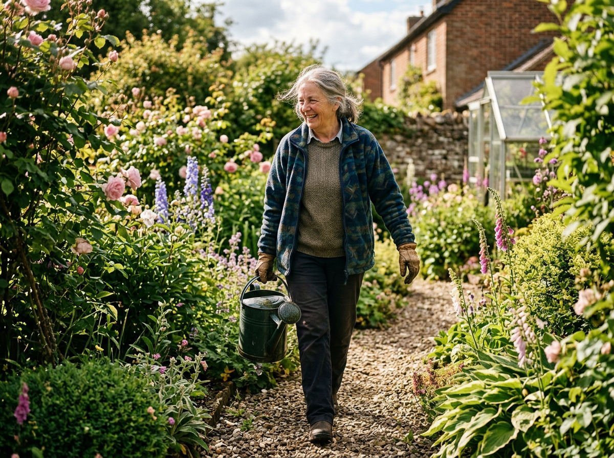 Woman in her sixties carrying a watering can in her garden