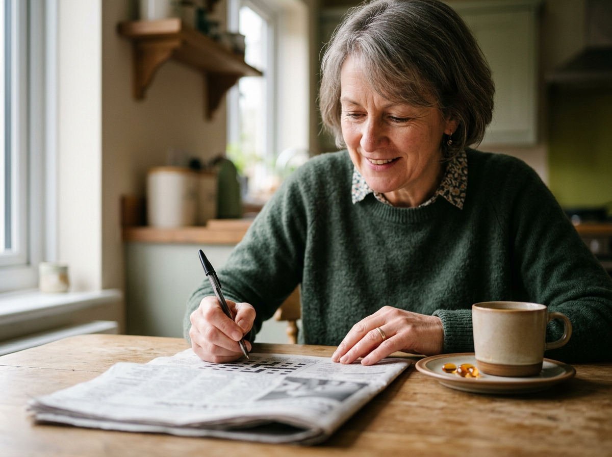 Woman doing a crossword with a cup of coffee