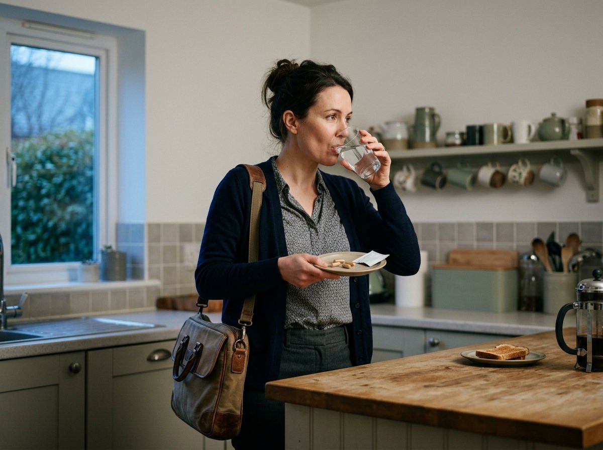 Woman in work clothes taking her supplements with water before work
