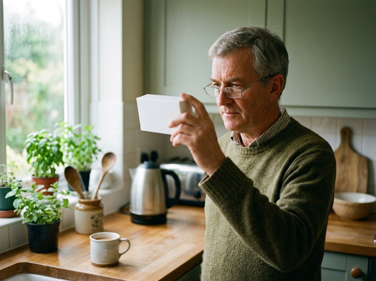 Man in reading glasses studying the back of a box in his kitchen