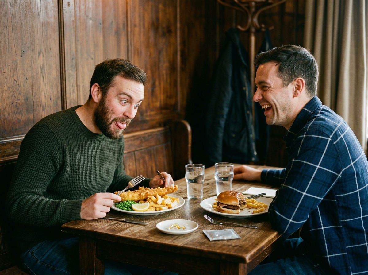 Man pulling a face at a plate of fish while a friend laughs