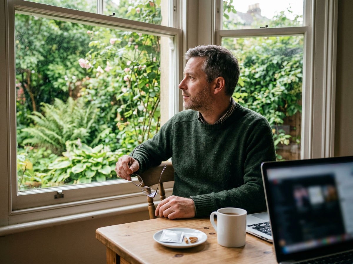 Man taking off his glasses and looking out of the window from his desk