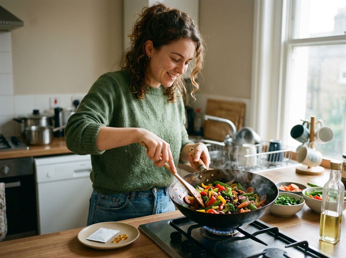 Woman cooking a vegetable and bean stir-fry
