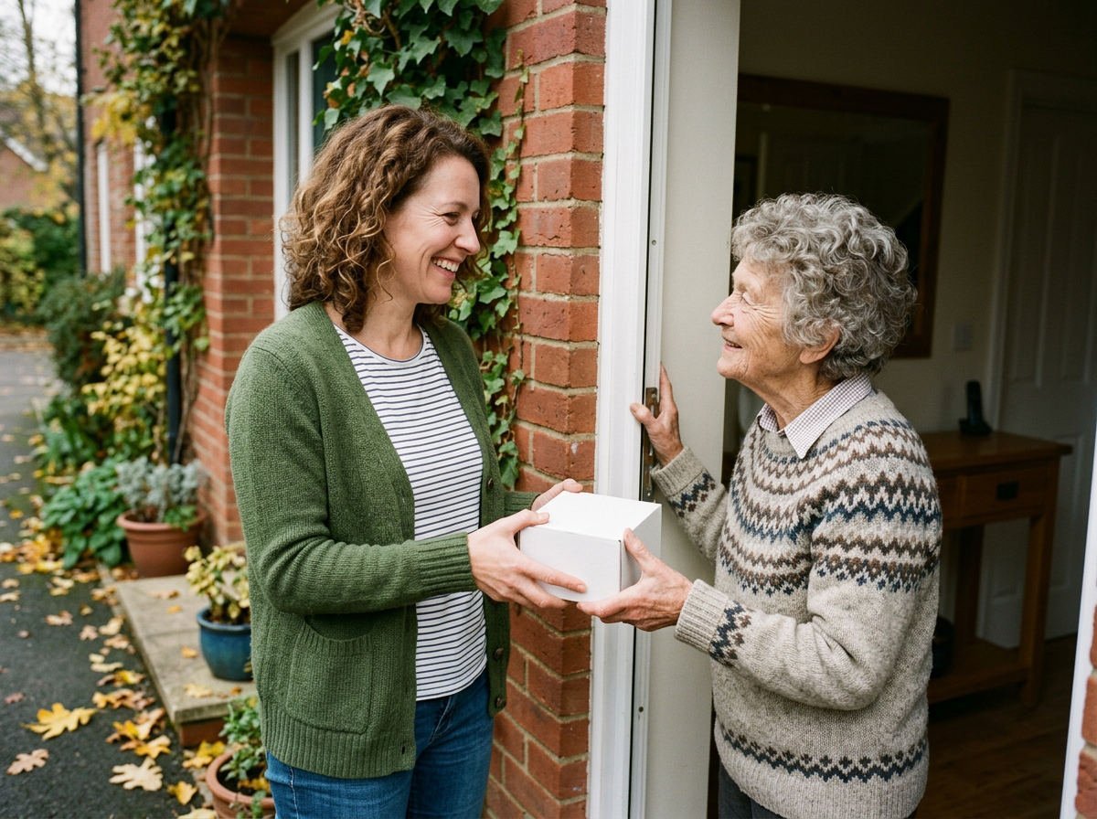 Woman handing a box to her mother at her front door
