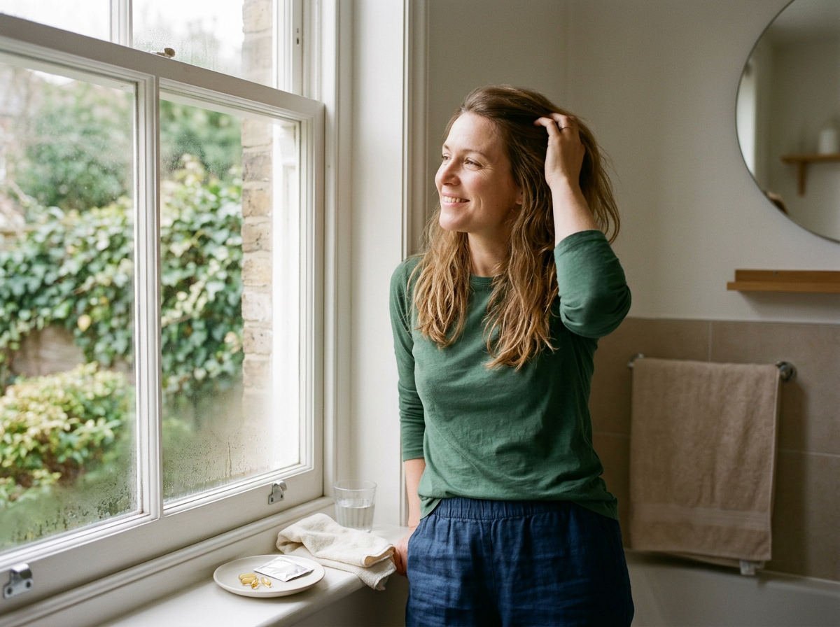Woman running her fingers through her hair in soft morning light