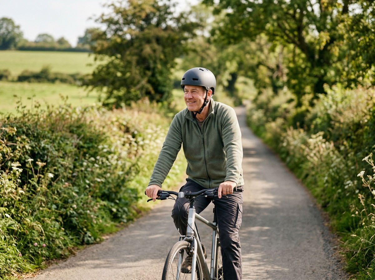 Man in his fifties cycling on a quiet country lane