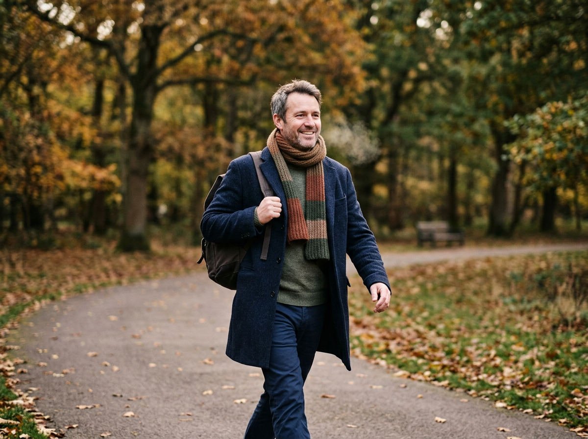 Man walking through a park on a crisp autumn day