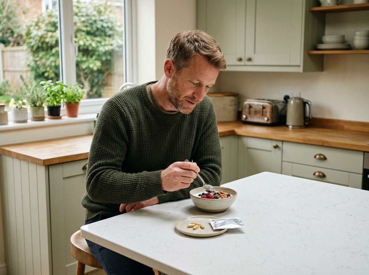 Man in his forties having breakfast with his daily supplements