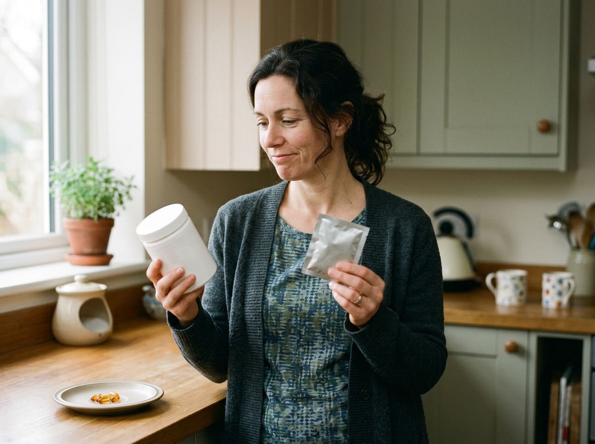 Woman comparing a supplement tub and a sachet in her kitchen