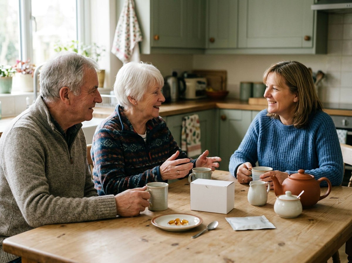 Couple chatting over tea with a friend at their kitchen table