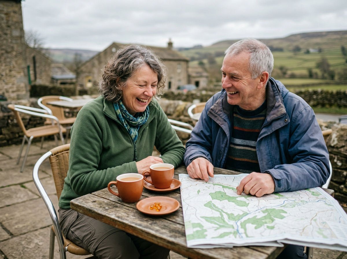 Retired couple planning a walk over tea at a country cafe