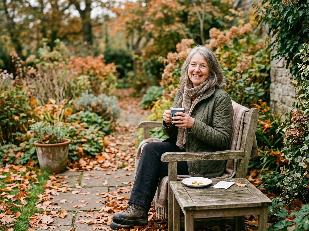 Woman in her fifties with a mug of tea in an autumn garden