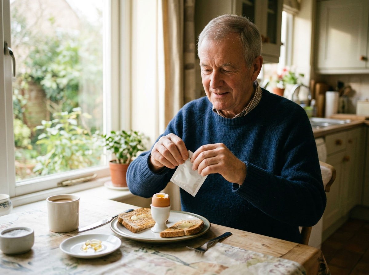 Man in his seventies opening a supplement sachet at breakfast