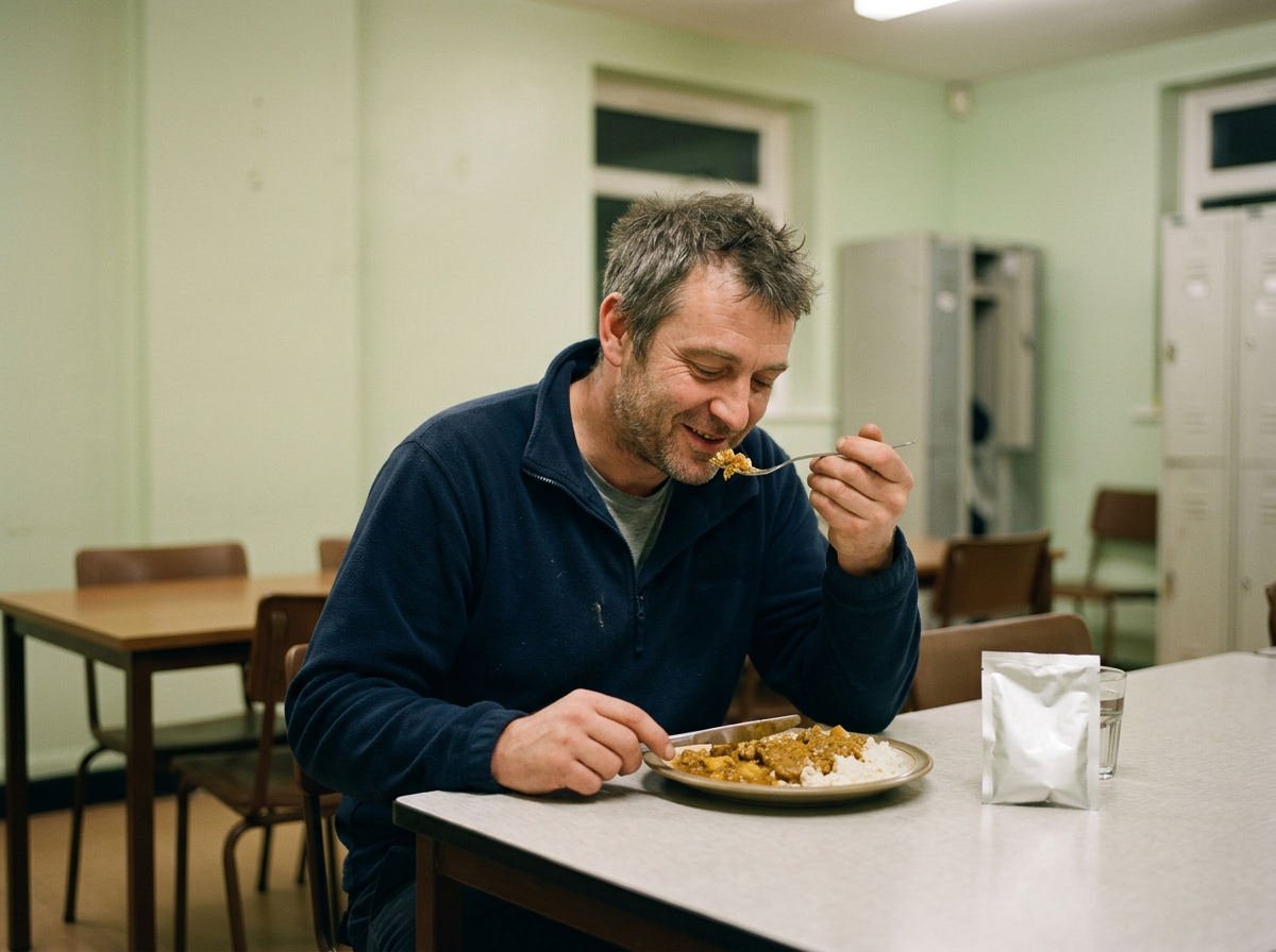 Night-shift worker eating a meal on his break with a supplement sachet