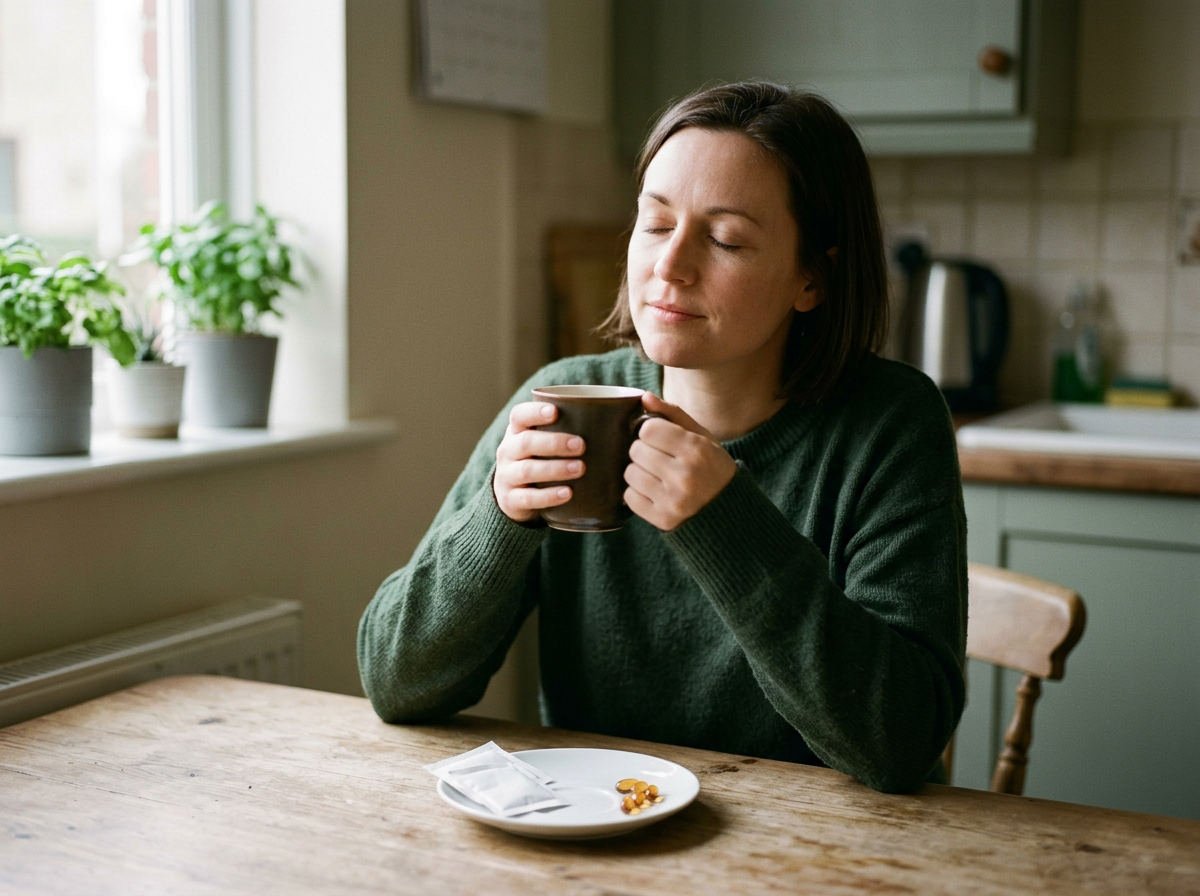 Woman taking a quiet moment with a mug of tea in the morning