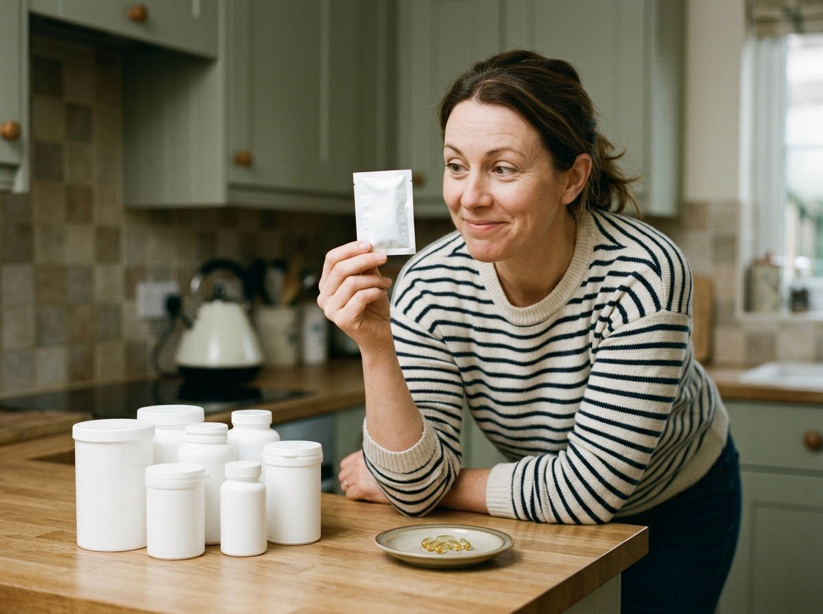 Woman pushing aside a row of supplement tubs and holding up one sachet