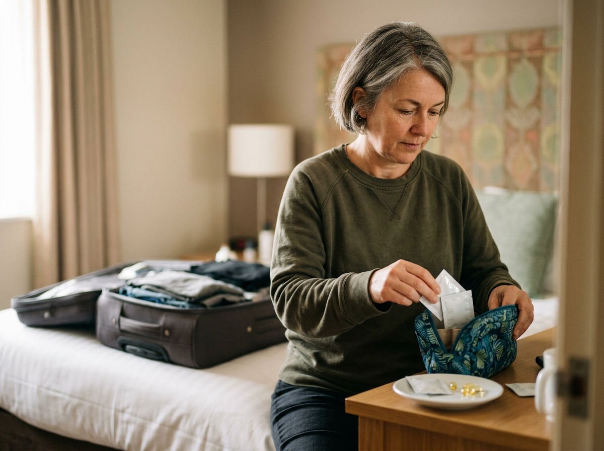 Woman packing supplement sachets into her wash bag in a hotel room