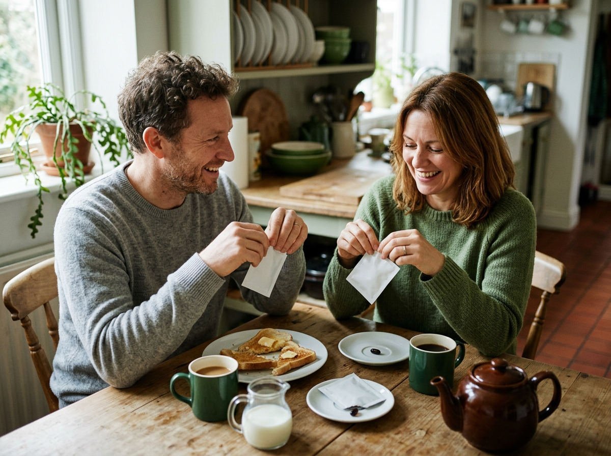 Couple each opening a supplement sachet at breakfast