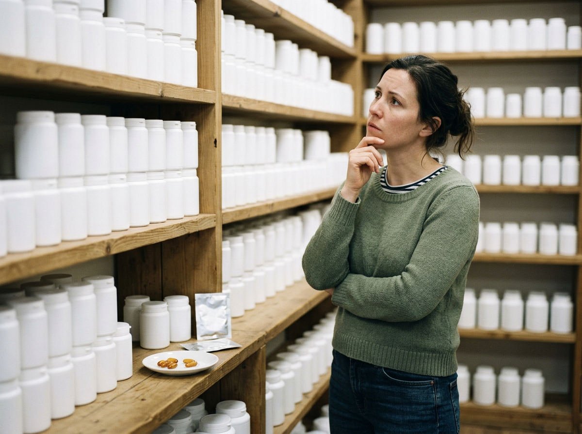 Woman looking puzzled at rows of supplement tubs in a shop